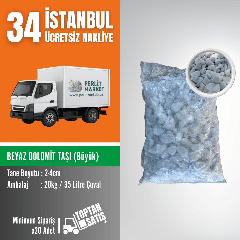 2–4 cm Beyaz Dolomit Taşı | 35 Litre (20 kg) – İstanbul Nakliye Dahil